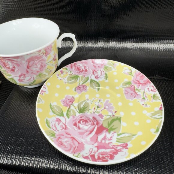 Kent Pottery Fine Porcelain Teacup And Saucer Set Floral Pattern 12oz Yellow VTG - Picture 7 of 10